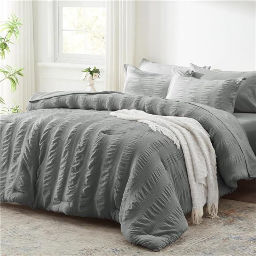 New Full Comforter Set 7 Pieces, Grey Seersucker Bed in a Bag with Comforter